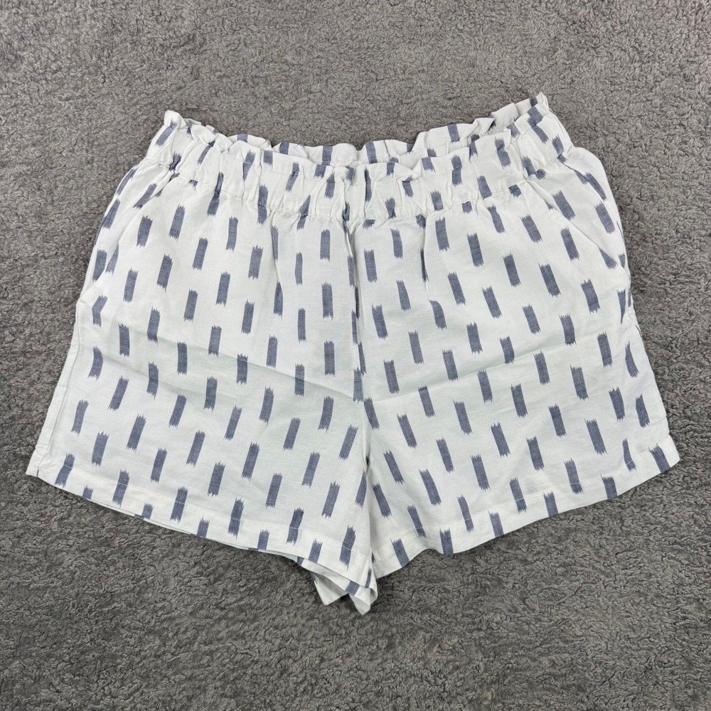 LOFT Women Linen Blend Ikat Print Paperbag Waist Shorts Blue White Large Pull On